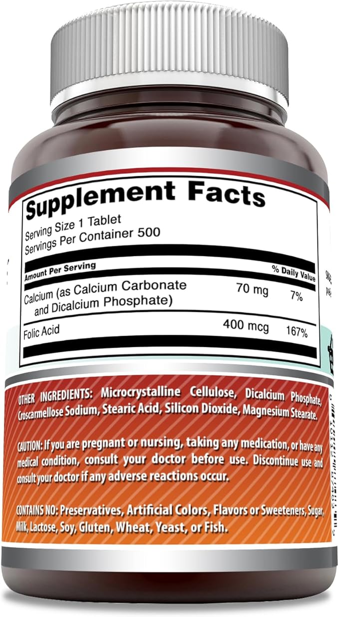Amazing Formulas Folic Acid (Vitamin B9) 400 Mcg Supplement | 500 Tablets | Non-GMO | Gluten Free | Made in USA