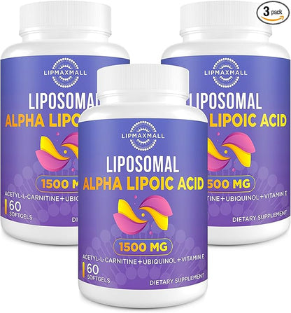Liposomal Alpha Lipoic Acid 1500mg 900mg & 100mg & 15mg，ALA Supplement 60 Softgels (3 Bottle)