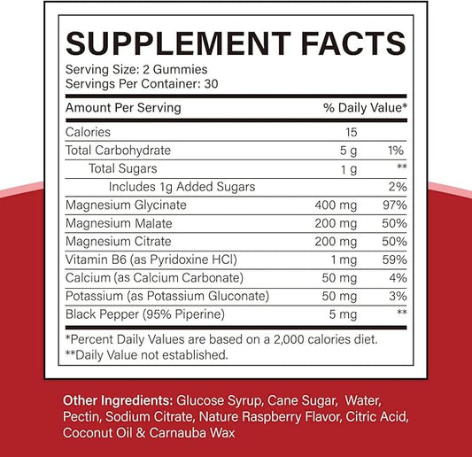 Magnesium Glycinate 400mg, Citrate 200mg, Malate 200mg, Triple B6- Vegan, 120 Raspberry