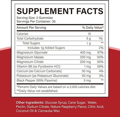 Magnesium Glycinate 400mg, Citrate 200mg, Malate 200mg, Triple B6- Vegan, 60 Raspberry