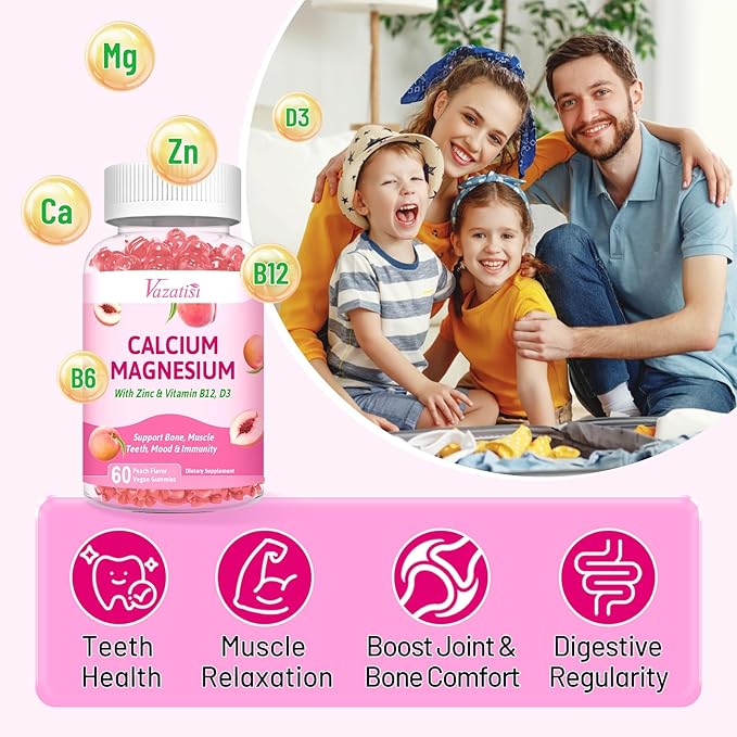 Calcium Magnesium Zinc Gummies with Vitamin D3 & B12, Sugar
