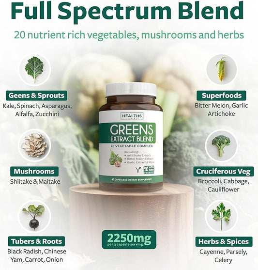 Super Greens Antioxidants Superfoods 2250mg Supplement 20 Ingredients 60 Capsules