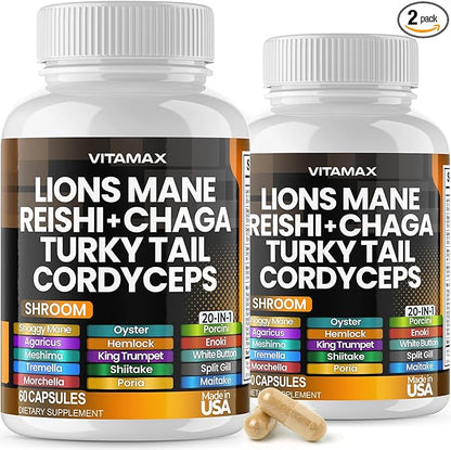Lions Mane Mushroom 3000mg Turkey Tail 2000mg Chaga & Reishi 1000mg Cordyceps Shiitake White Elm King Trumpet Nameko Oyster Porcini Focus & Energy - Made in USA - 2-Pack (120ct)