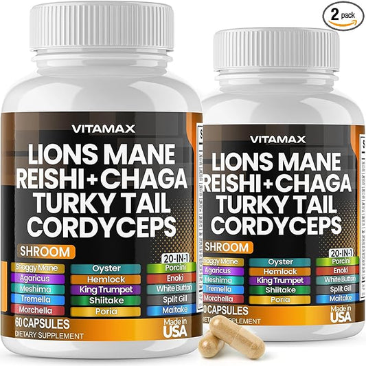 Lions Mane Mushroom 3000mg Turkey Tail 2000mg Chaga & Reishi 1000mg Cordyceps Shiitake White Elm King Trumpet Nameko Oyster Porcini Focus & Energy - Made in USA - 2-Pack (120ct)