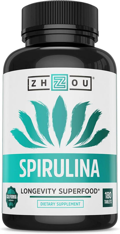 Zhou Nutrition Spirulina Tablets, Sustainably Grown 30 Servings, 180 Count
