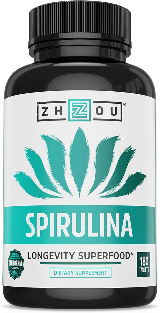 Zhou Nutrition Spirulina Tablets, Sustainably Grown 30 Servings, 180 Count