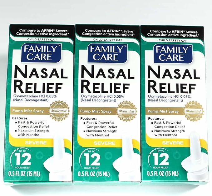 FamilyCare Nasal Relief Spray, Pump Mist, 12 Hours, 3 Pack