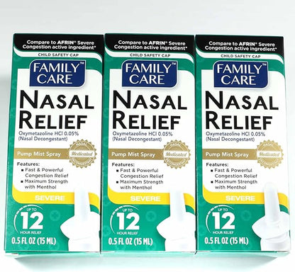 FamilyCare Nasal Relief Spray, Pump Mist, 12 Hours, 3 Pack