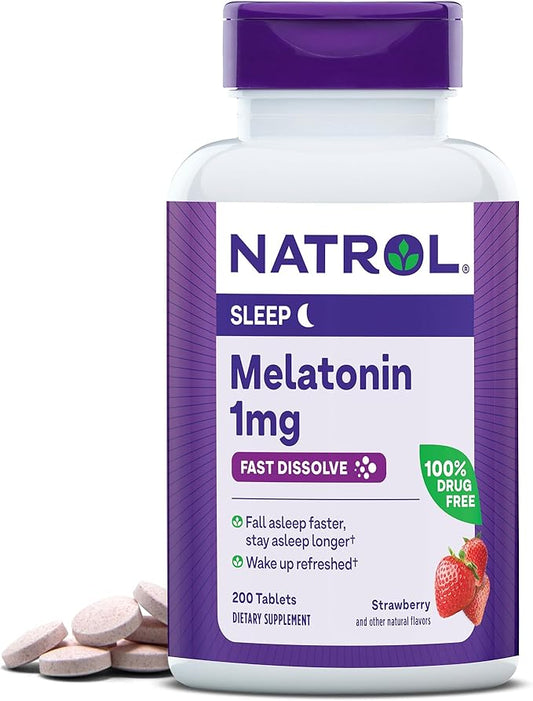 Natrol Melatonin 1mg, Strawberry-Flavored Dietary Supplement 200 Fast-Dissolve 200 Day