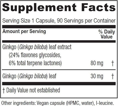 Vitanica Ginkgo Biloba Extract Supports Circulation 24% Flavone 6% Terpene 90 Capsules
