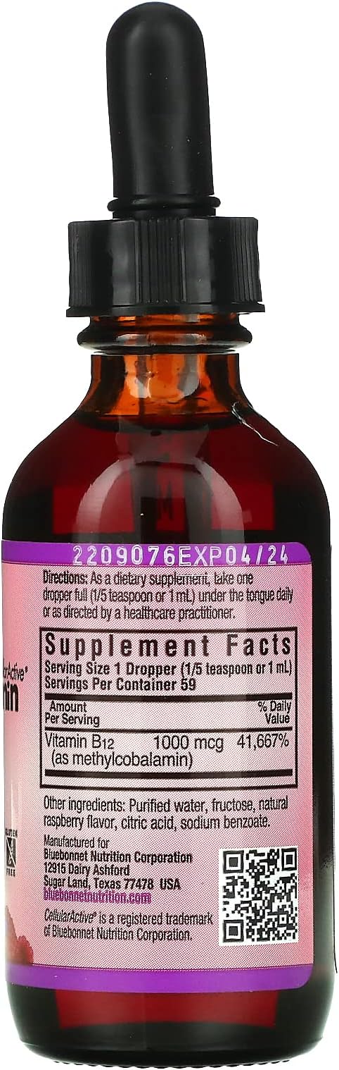Bluebonnet Nutrition Liquid Cellular Active Methycobalamin Vitamin B12, 1000 mcg, For Cellular Energy Production and Nervous System Health, Soy-Free, Gluten-Free, Dairy-Free, Vegan, 2OZ, 59 Serving
