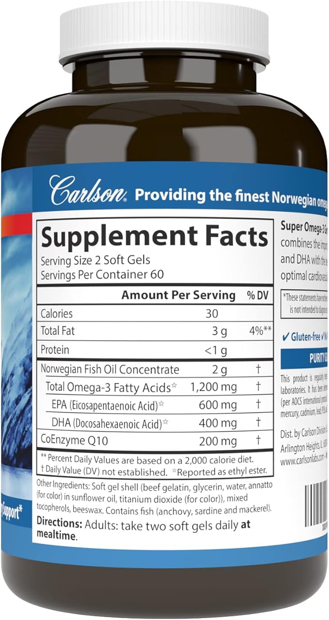 Carlson - Super Omega-3 Gems + CoQ10, 1200 1200 mg Omega-3s 200 200 mg CoQ10, Circulation 120 Softgels