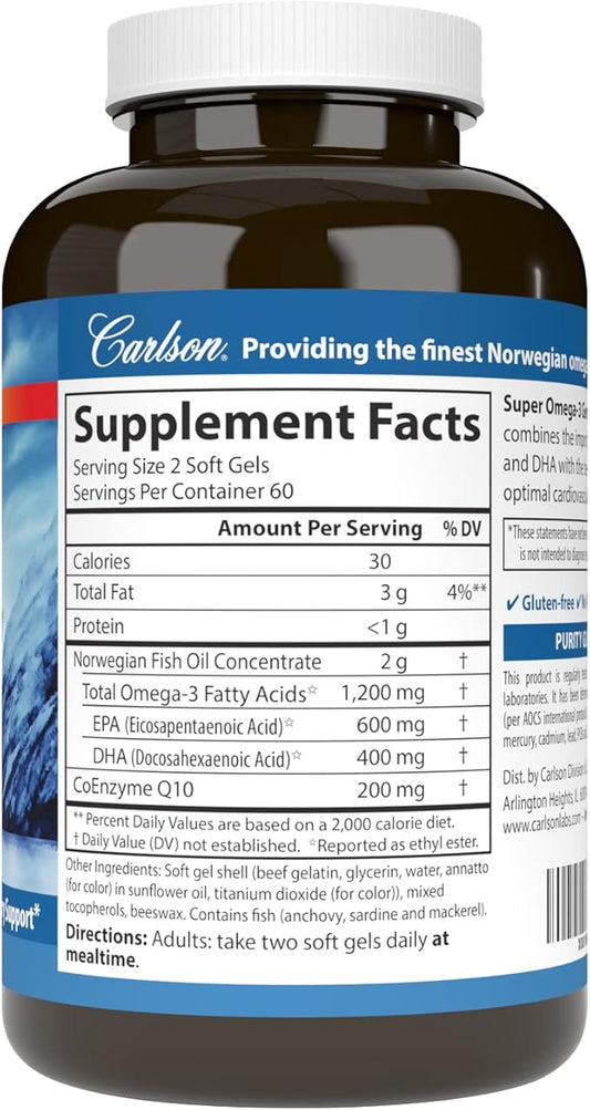 Carlson - Super Omega-3 Gems + CoQ10, 1200 1200 mg Omega-3s 200 200 mg CoQ10, Circulation 120 Softgels