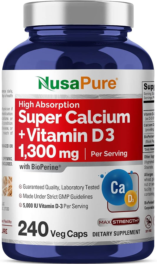 NusaPure Super Calcium 1300mg, Vitamin D3-240 Veggie Caps (Non-GMO, Soyfree, Bioperine)