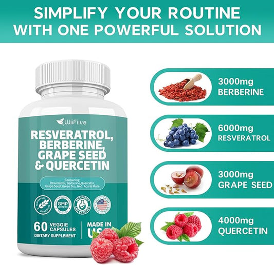New Resveratrol 6000mg Berberine 3000mg Grape 3000mg Quercetin 4000mg,Polyphenol Supplement 60 Capsules