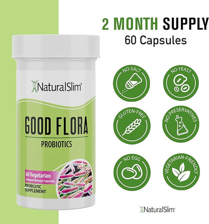 NaturalSlim Good Flora – Probiotics for Digestive Health, Intestinal Flora and Immune Support with Lactobacillus Acidophilus Probiotic | 7 Powerful Probiotic Strains | Gluten Free - 60 Capsules