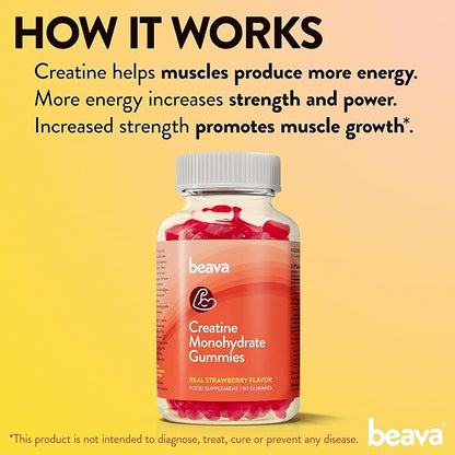 Creatine Monohydrate Gummies - 30 Servings - Vegan Creatine Chews for Muscle Growth, Muscle Recovery, Workout Recovery, Anaerobic Endurance - No Loading Phase - No Bloating - Strawberry - Low Sugar