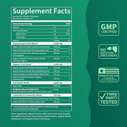 Nello Supergreens Premium Superfood Greens Drink Mix w/Chlorella, Moringa, Spinach & Broccoli + Digestive Enzymes & Probiotic Blend -Nutrient-Packed Powder Wellness (Mango Peach, 20 SRV, Travel Pack)