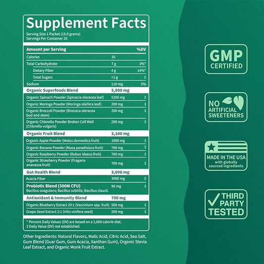 Nello Supergreens Premium Superfood Greens Drink Mix w/Chlorella, Moringa, Spinach & Broccoli + Digestive Enzymes & Probiotic Blend -Nutrient-Packed Powder Wellness (Mango Peach, 20 SRV, Travel Pack)