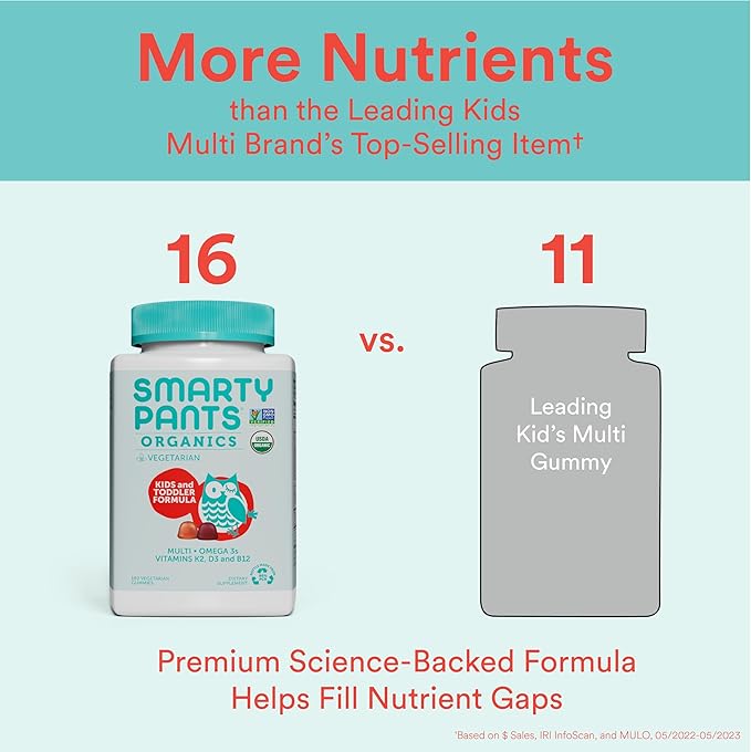 SmartyPants Organic Kids & Toddler Multivitamin 3 (ALA), D3, C, B12, B6, B6, Vitamin K2 & 180 Count