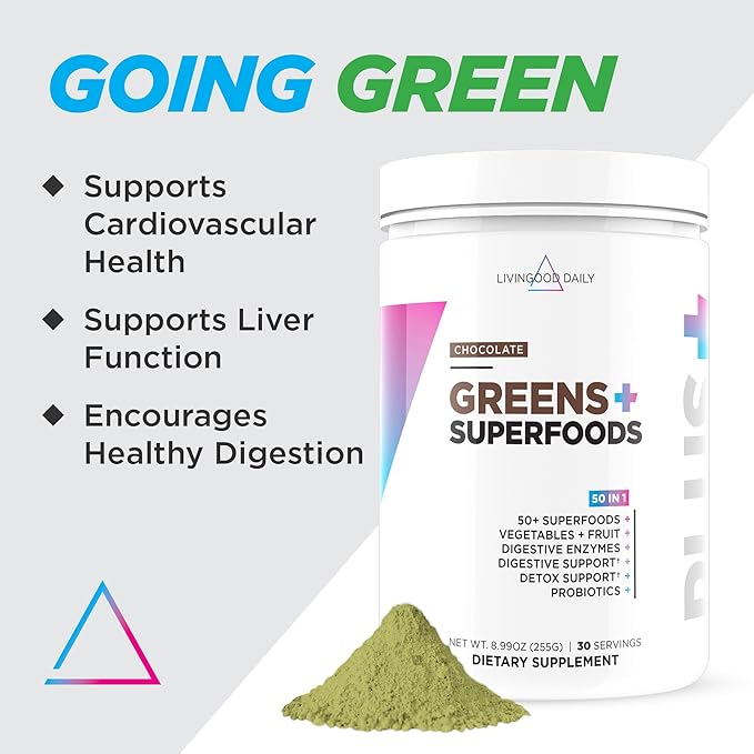 Livingood Daily Greens Superfood Powder (Chocolate) - Super Greens Powder for Gut Health - Green Juice Powder Supplement with Spirulina, Chlorella, Enzymes, & Probiotics for Liver & Digestive Support