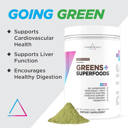 Livingood Daily Greens Superfood Powder (Chocolate) - Super Greens Powder for Gut Health - Green Juice Powder Supplement with Spirulina, Chlorella, Enzymes, & Probiotics for Liver & Digestive Support