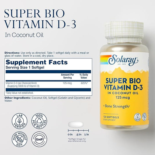 Solaray Super Bio Vitamin D3 in D3 Vitamin 5000 IU 60-Day Guarantee 120 Softgels, 120 Servings