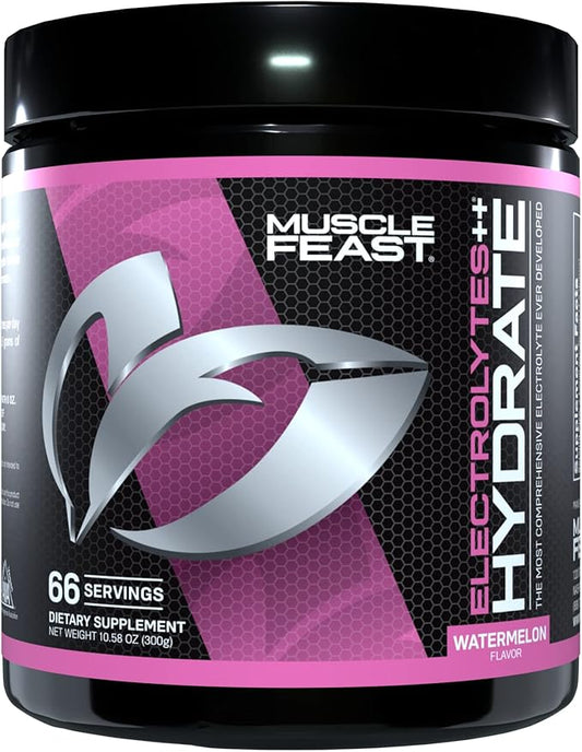 Muscle Feast Hydrate Sugar Free Electrolytes Powder for Muscle Cramping, Keto Zero Calorie, Watermelon, 300g (66 Servings)