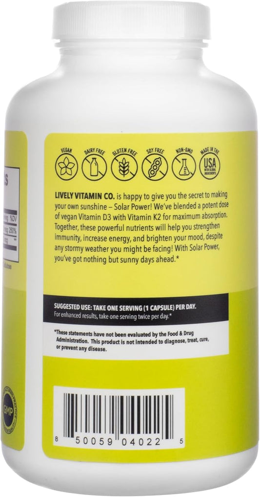 LIVELY VITAMIN CO. Solar Power Vitamin D3 2000 iu - Patented Vitamin K - MK7 - Immune Balance - Brain Function - Mood - Heart - Stress - 180 Count
