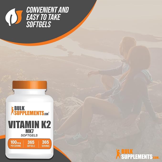 BulkSupplements.com Vitamin K2 Softgels - Vitamin K2 MK7, Vitamin K2 Supplement, MK7 Vitamin K2 for Bones - Gluten Free, Vitamin K2 100 mcg, 1 Softgel per Serving, 365 Count (Pack of 1)