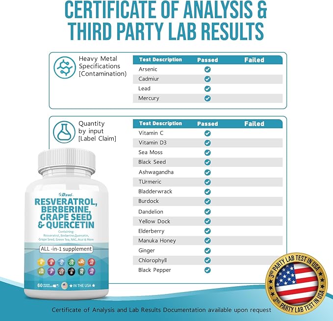 60 Capsules Resveratrol 6000mg Berberine 3000mg 3000mg Quercetin 4000mg Green