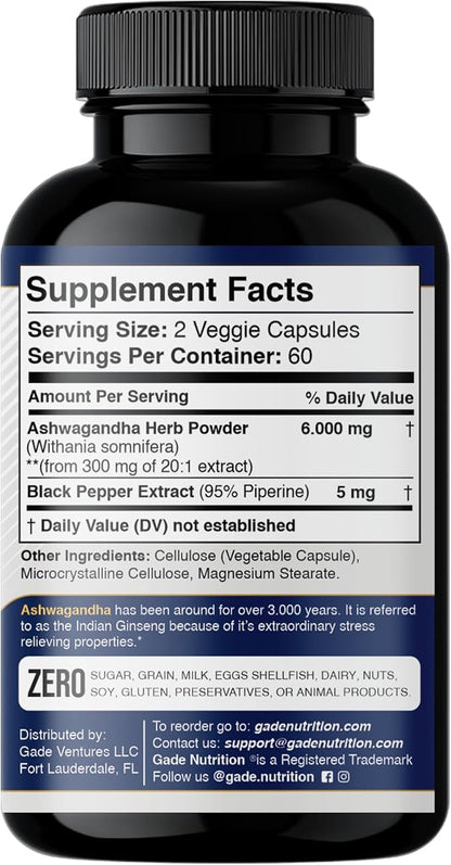 Ashwagandha Supplements - Extra Strength 6000mg 120 Veggie