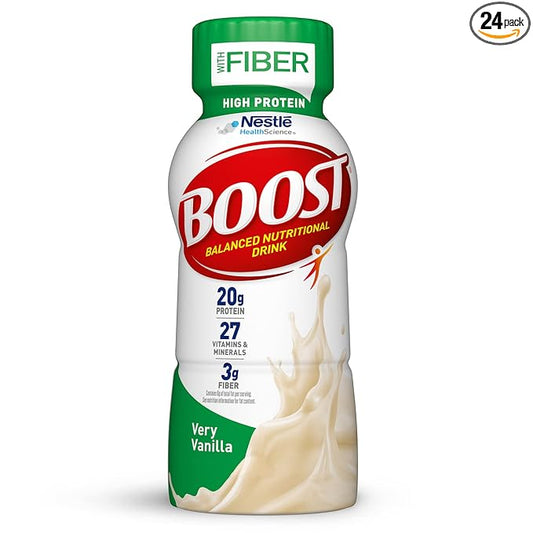 BOOST High Protein with Fiber Ready to Drink Complete Nutritional Drink, Very Vanilla, 8 fl oz Bottle, 24 Pack