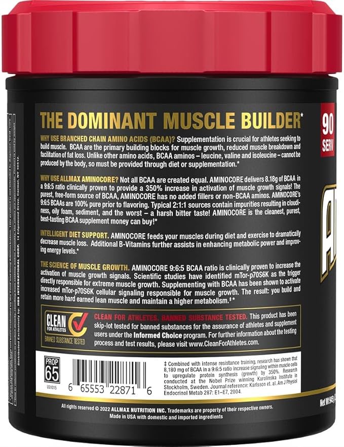 ALLMAX AMINOCORE BCAA, Blue Raspberry - 945 g Powder - 8.18 Grams of BCAAs Per Serving - with B Vitamins - No Fillers or Non-BCAA Aminos - Sugar Free - 90 Servings