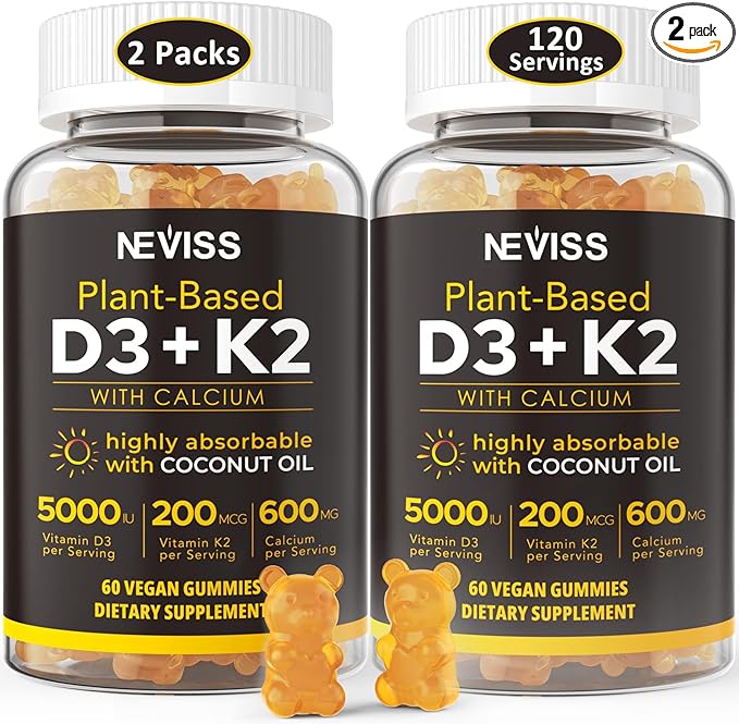 Vitamin D3 5000iu & K2( as MK7 ) 200mcg Gummies 600mg Calcium, D3 K2 K2 Supplement 2Packs