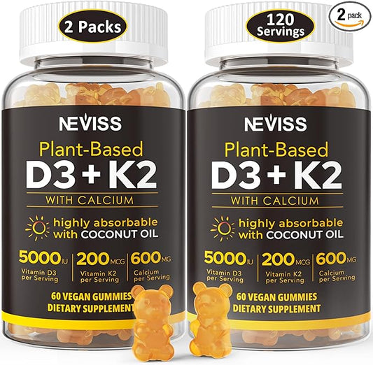 Vitamin D3 5000iu & K2( as MK7 ) 200mcg Gummies 600mg Calcium, D3 K2 K2 Supplement 2Packs
