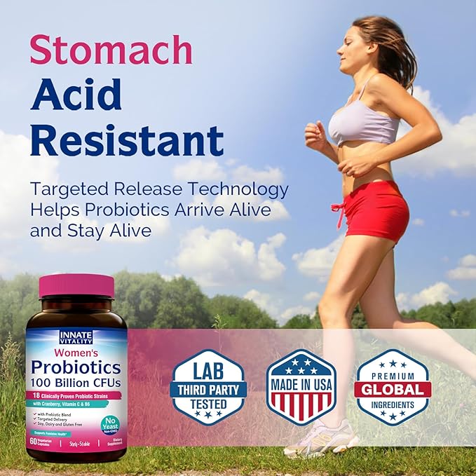 Innate Vitality Probiotics for Women, 100 Billion CFUs 18 Strains, Prebiotics and Probiotics, with Cranberry, Vitamin C & B6 P5P, Vaginal & Digestive Health, Non refrigerated, 60 Caps