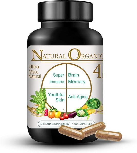Ultra Max Natural Organic 4 in 1 Brain Supplements for Memory and Focus, Immune Support Anti-Aging Dietary Supplements