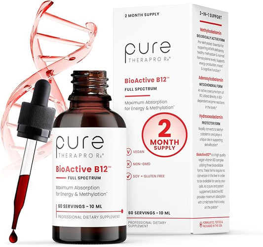 Pure TheraPro BioActive Vegan Methylated Vitamin B12 Sublingual Liquid Methylcobalamin, Hydroxocobalamin & Adenosylcobalamin 1,000 mcg per Drop (5 Drops = 5,000mcg / 2 Month Supply) 10 ml