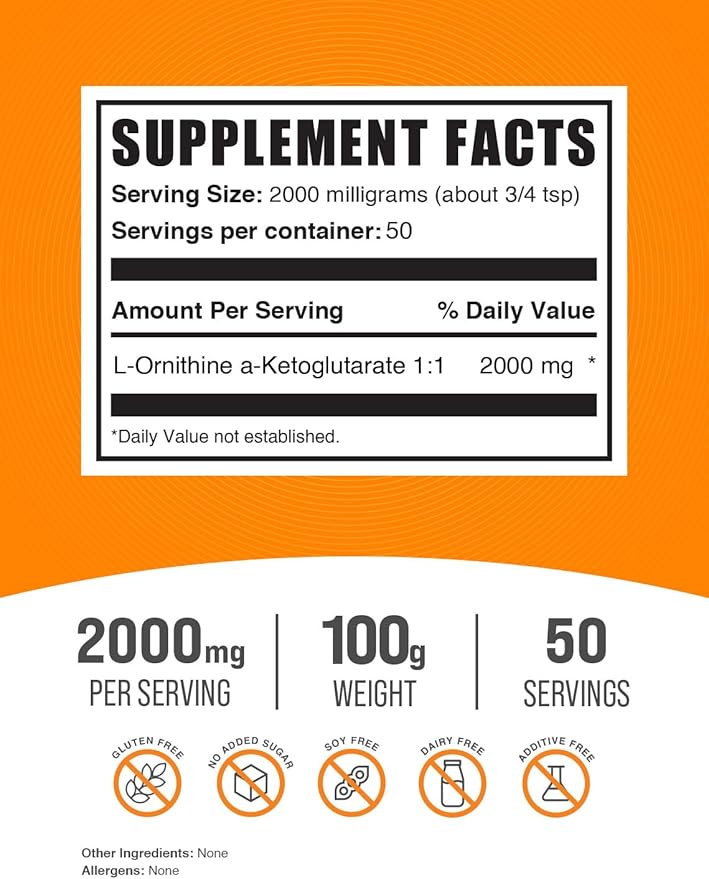BulkSupplements.com L-Ornithine Alpha-Ketoglutarate Powder - OKG Supplement, Nitric Oxide Supplement, Ornithine Supplement - Gluten Free, 2000mg per Serving, 100g (3.5 oz) (Pack of 1)