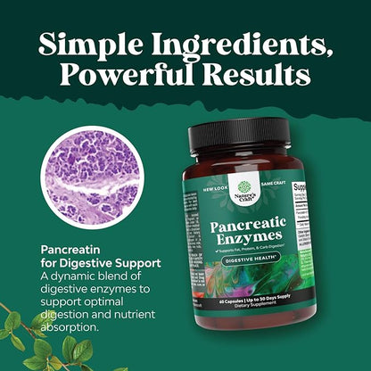 Pancreatin Digestive Enzymes for Digestive Health - Pancreatic Enzymes for Humans with Fat Carb and Protein Digestive Enzymes for Women and Men - Protease Amylase & Lipase Enzymes for Digestion - 60ct