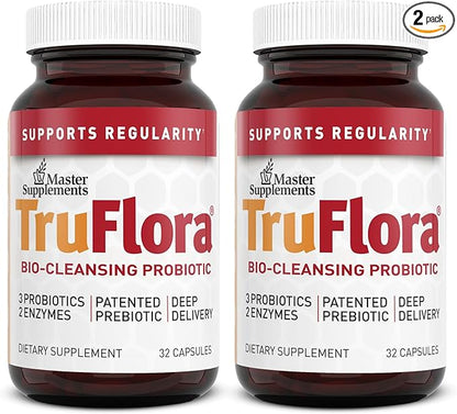 Master Supplements TruFlora - 32 Capsules, Pack of 2 - Blend of Probiotics & Enzymes - Promotes Optimal Gut Health & Boosts Energy - Gluten Free - 64 Total Servings
