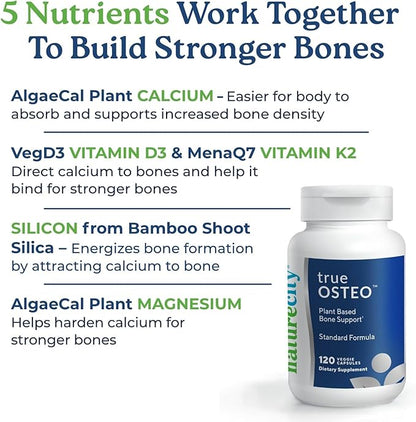 NatureCity True-Osteo Plant-Based Supplement for Bone Strength | AlgaeCal Calcium & Magnesium, Plant-Based Vitamin D3, Vitamin K2, Silicon| Gentle on Stomach (240 Capsules)
