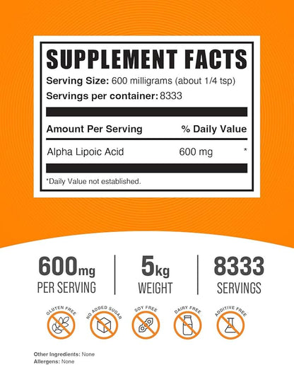 BulkSupplements.com Alpha Lipoic Acid Powder - ALA Supplement, Alpha Lipoic Acid 600mg - ALA Powder, Gluten Free - 600mg of Alpha-Lipoic Acid per Serving, 5kg (11 lbs) (Pack of 5)