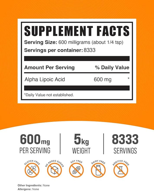 BulkSupplements.com Alpha Lipoic Acid Powder - ALA Supplement, Alpha Lipoic Acid 600mg - ALA Powder, Gluten Free - 600mg of Alpha-Lipoic Acid per Serving, 5kg (11 lbs) (Pack of 5)