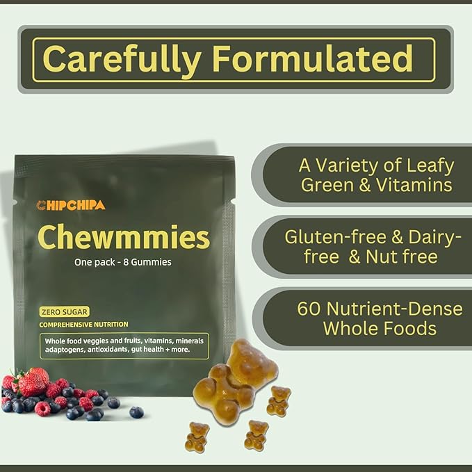 Chewmmies Gummy Vitamins - Daily Supergreens Supplement with Whole Food Fruits, Vegetables, Mushrooms, Prebiotics, Vitamins, Minerals - Supports Immunity & Digestive Wellness - 224 Gummies