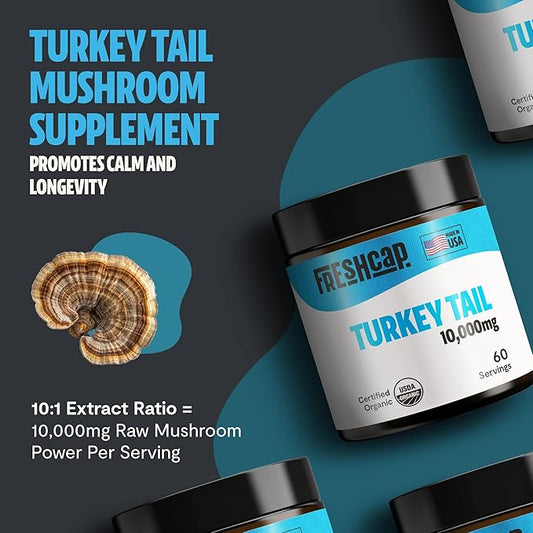 FreshCap Turkey Tail Mushroom Powder 10,000mg - Turkey Tail Mushroom Supplement Powder, Turkey Tail Extract Mushroom Blend Powder, Ayurveda Nootropic Mushrooms Herbal Supplements (60 Servings)