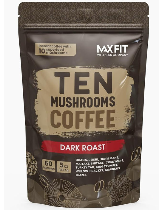 Instant Mushroom Coffee Dark Roast Organic (60 Servings) With 10 Mushrooms (Lions Mane, Cordyceps, Turkey Tail & Other) Mixed With Gourmet 100% Arabica Instant Coffee for Focus & Gut Health Support