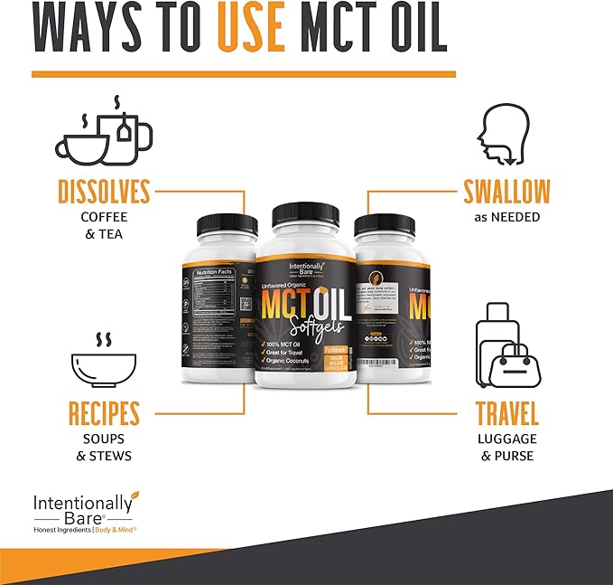 Intentionally Bare Organic MCT Oil Capsules - 70% C8 MCT Oil & 30% C10 MCT Capsules Unflavored for Keto Low Carb and Paleo Diet - MCT Oil C8 & C10 for Energy Mood & Focus - Non-GMO 300 Softgels