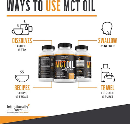 Intentionally Bare Organic MCT Oil Capsules - 70% C8 MCT Oil & 30% C10 MCT Capsules Unflavored for Keto Low Carb and Paleo Diet - MCT Oil C8 & C10 for Energy Mood & Focus - Non-GMO 300 Softgels